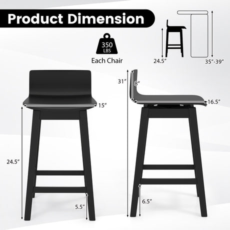 Juego de 4 taburetes de bar giratorios de madera de 24.5 pulgadas con patas de madera de caucho y respaldo bajo