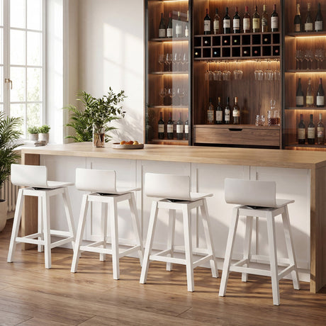Juego de 4 taburetes de bar giratorios de madera de 24.5 pulgadas con patas de madera de caucho y respaldo bajo