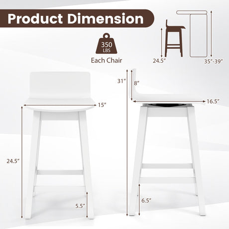 Juego de 4 taburetes de bar giratorios de madera de 24.5 pulgadas con patas de madera de caucho y respaldo bajo
