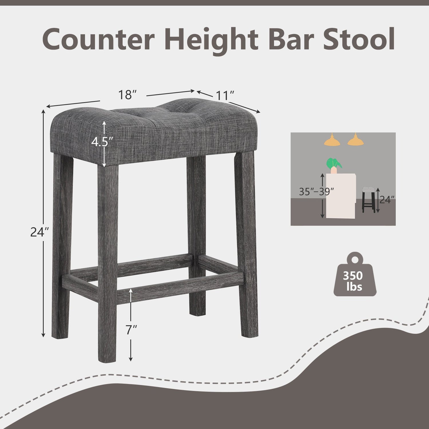24 Inch Set of 2 Saddle Bar Stools with Padded Seat-Gray