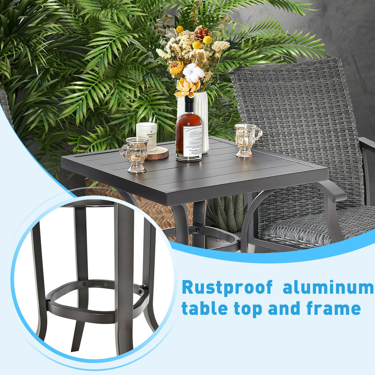 Mesa de bar de altura para patio de 24 pulgadas con tablero de aluminio y almohadillas ajustables para los pies