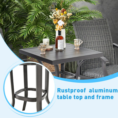 Mesa de bar de altura para patio de 24 pulgadas con tablero de aluminio y almohadillas ajustables para los pies