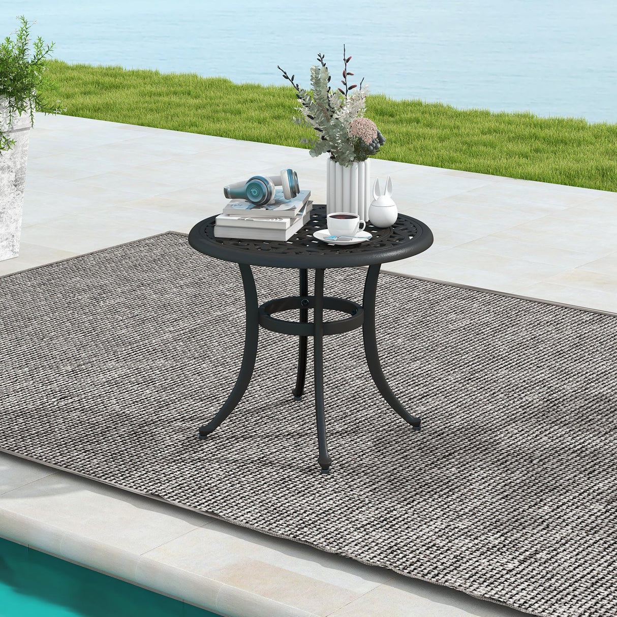 Mesa Auxiliar de Patio de 24 Pulgadas con Almohadillas Ajustables para Borde de Piscina, Patio Trasero, Balcón-Marrón Rústico