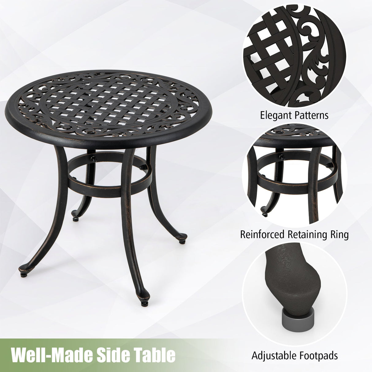 Mesa Auxiliar de Patio de 24 Pulgadas con Almohadillas Ajustables para Borde de Piscina, Patio Trasero, Balcón-Marrón Rústico