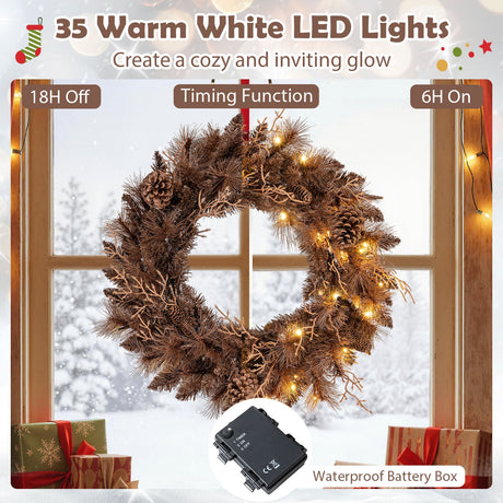 Guirnalda navideña preiluminada de 24 pulgadas con 105 puntas de ramas y 35 luces LED de color blanco cálido