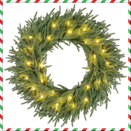 Corona de Navidad preiluminada de 24 pulgadas con 108 puntas de rama y 35 luces LED blancas cálidas para pared/ventana