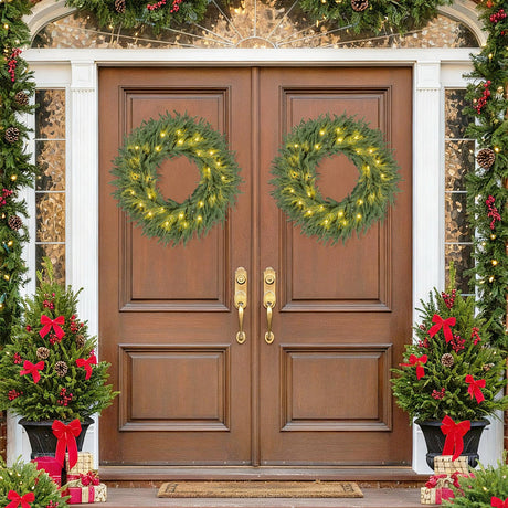 Corona de Navidad preiluminada de 24 pulgadas con 108 puntas de rama y 35 luces LED blancas cálidas para pared/ventana