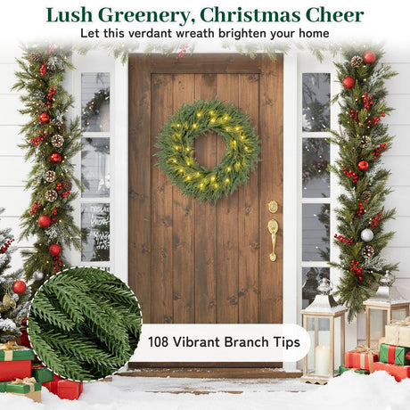 Corona de Navidad preiluminada de 24 pulgadas con 108 puntas de rama y 35 luces LED blancas cálidas para pared/ventana