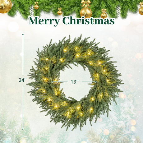 Corona de Navidad preiluminada de 24 pulgadas con 108 puntas de rama y 35 luces LED blancas cálidas para pared/ventana