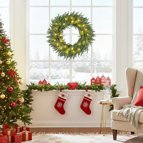 Corona de Navidad preiluminada de 24 pulgadas con 108 puntas de rama y 35 luces LED blancas cálidas para pared/ventana