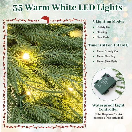 Corona de Navidad preiluminada de 24 pulgadas con 108 puntas de rama y 35 luces LED blancas cálidas para pared/ventana