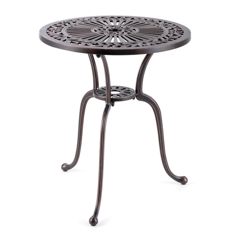 Mesa de Comedor de Patio Bistro de Aluminio Fundido Redonda de 24 Pulgadas con Agujero para Sombrilla de 2 Pulgadas - Cobre