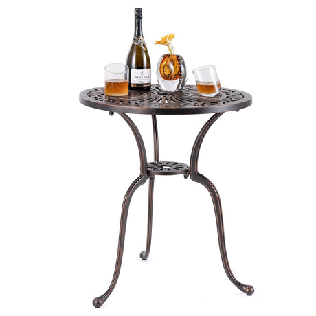 Mesa de Comedor de Patio Bistro de Aluminio Fundido Redonda de 24 Pulgadas con Agujero para Sombrilla de 2 Pulgadas - Cobre