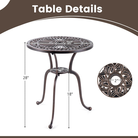 Mesa de Comedor de Patio Bistro de Aluminio Fundido Redonda de 24 Pulgadas con Agujero para Sombrilla de 2 Pulgadas - Cobre