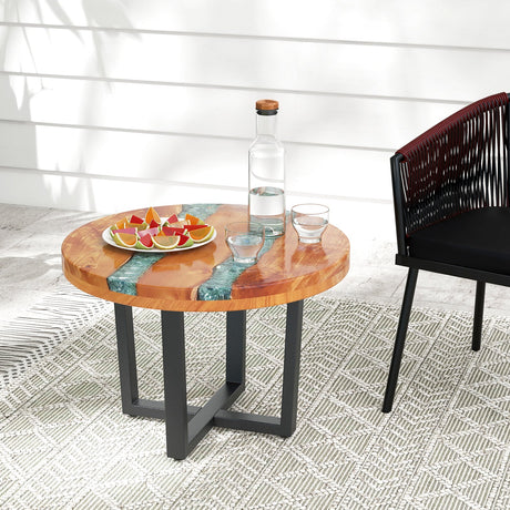 Mesa auxiliar redonda de teca maciza con borde natural de 24 pulgadas para exterior con resina epoxi