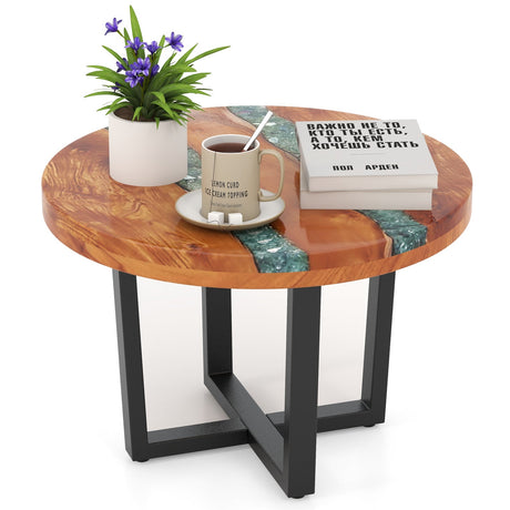 Mesa auxiliar redonda de teca maciza con borde natural de 24 pulgadas para exterior con resina epoxi