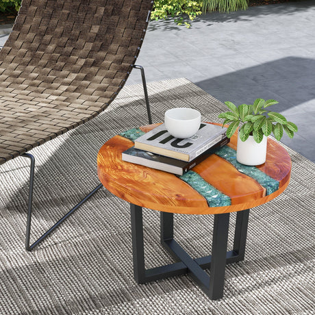Mesa auxiliar redonda de teca maciza con borde natural de 24 pulgadas para exterior con resina epoxi