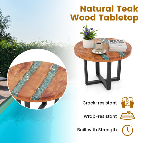 Mesa auxiliar redonda de teca maciza con borde natural de 24 pulgadas para exterior con resina epoxi
