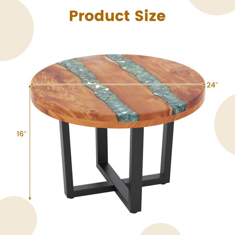 Mesa auxiliar redonda de teca maciza con borde natural de 24 pulgadas para exterior con resina epoxi