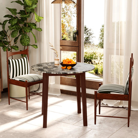 Mesa de comedor redonda de 35 pulgadas con patas de madera de caucho y tablero con chapa de textura de mármol