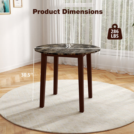 Mesa de comedor redonda de 35 pulgadas con patas de madera de caucho y tablero con chapa de textura de mármol
