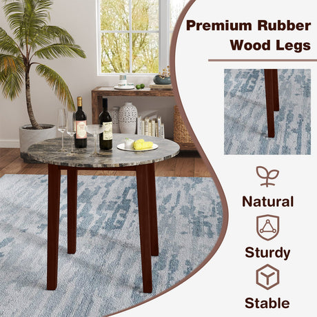 Mesa de comedor redonda de 35 pulgadas con patas de madera de caucho y tablero con chapa de textura de mármol