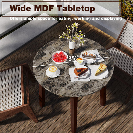 Mesa de comedor redonda de 35 pulgadas con patas de madera de caucho y tablero con chapa de textura de mármol