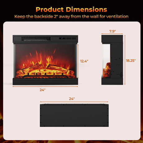 Calentador eléctrico de chimenea de 24 pulgadas con cristal de 3 lados y control remoto