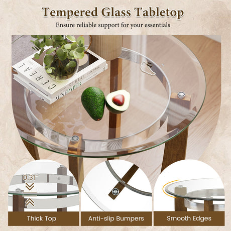 Mesa auxiliar redonda de 24 pulgadas con tapa de cristal templado y base de madera maciza de caucho