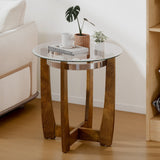 Mesa auxiliar redonda de 24 pulgadas con tapa de cristal templado y base de madera maciza de caucho