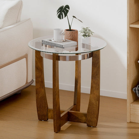 Mesa auxiliar redonda de 24 pulgadas con tapa de cristal templado y base de madera maciza de caucho