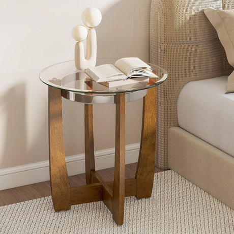 Mesa auxiliar redonda de 24 pulgadas con tapa de cristal templado y base de madera maciza de caucho