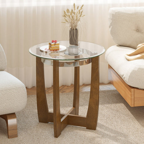 Mesa auxiliar redonda de 24 pulgadas con tapa de cristal templado y base de madera maciza de caucho