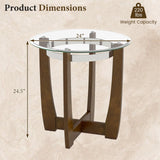 Mesa auxiliar redonda de 24 pulgadas con tapa de cristal templado y base de madera maciza de caucho