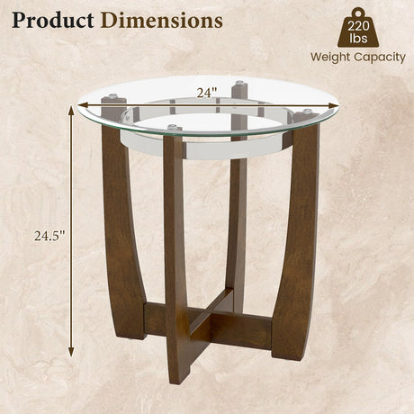 Mesa auxiliar redonda de 24 pulgadas con tapa de cristal templado y base de madera maciza de caucho