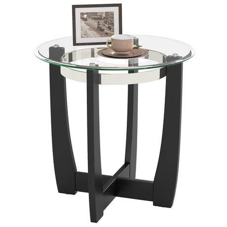 Mesa auxiliar redonda de 24 pulgadas con tapa de cristal templado y base de madera maciza de caucho