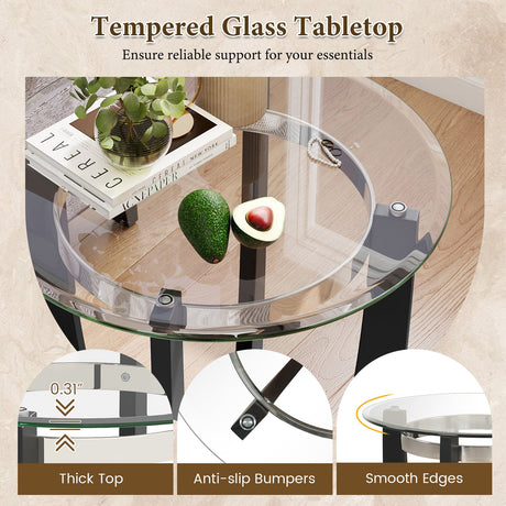 Mesa auxiliar redonda de 24 pulgadas con tapa de cristal templado y base de madera maciza de caucho
