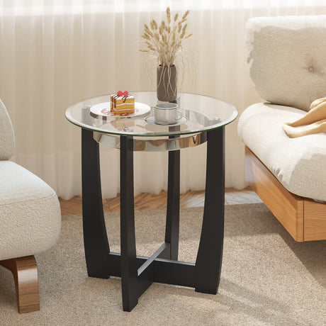 Mesa auxiliar redonda de 24 pulgadas con tapa de cristal templado y base de madera maciza de caucho