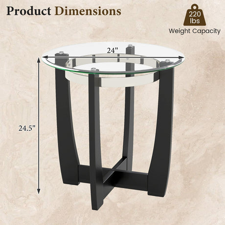 Mesa auxiliar redonda de 24 pulgadas con tapa de cristal templado y base de madera maciza de caucho