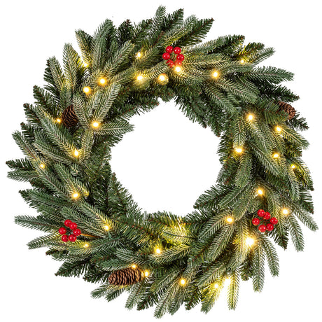 Corona de Navidad preiluminada de 24 pulgadas para puerta principal, corona artificial de Navidad con 90 puntas de ramas esmeriladas