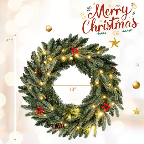 Corona de Navidad preiluminada de 24 pulgadas para puerta principal, corona artificial de Navidad con 90 puntas de ramas esmeriladas