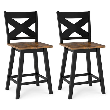 Juego de 2 taburetes de bar giratorios de 24" de madera de caucho con respaldo y asiento grande