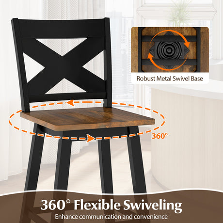 Juego de 2 taburetes de bar giratorios de 24" de madera de caucho con respaldo y asiento grande