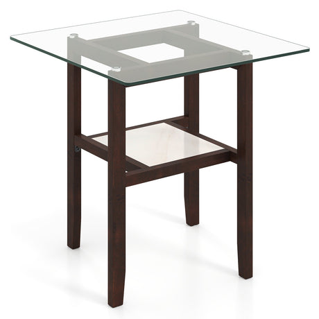 Mesa de centro cuadrada de cristal de 24 pulgadas y 2 niveles con estante de almacenamiento - Marrón