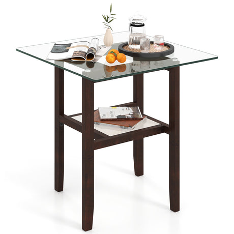 Mesa de centro cuadrada de cristal de 24 pulgadas y 2 niveles con estante de almacenamiento - Marrón
