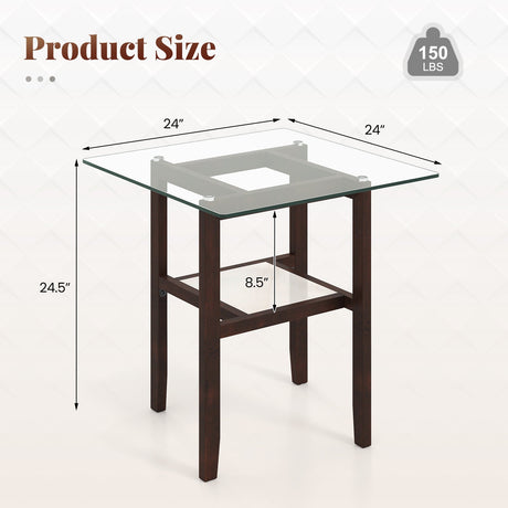 Mesa de centro cuadrada de cristal de 24 pulgadas y 2 niveles con estante de almacenamiento - Marrón