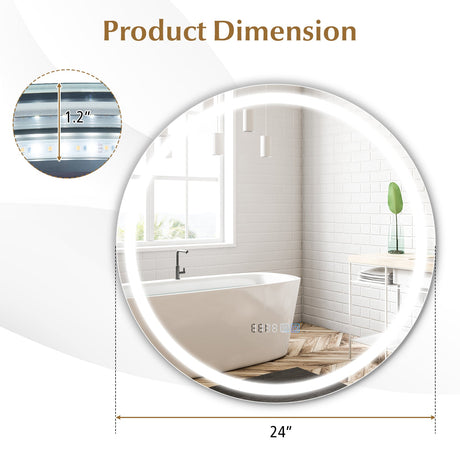 Espejo de Baño Antiempañamiento de 24 Pulgadas con Luces LED de 3 Colores y Pantalla de Temperatura