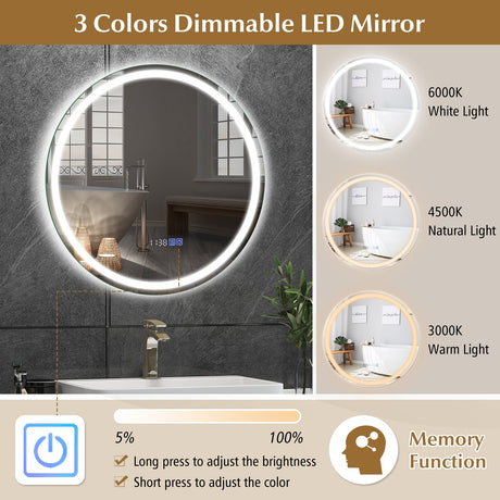 Espejo de Baño Antiempañamiento de 24 Pulgadas con Luces LED de 3 Colores y Pantalla de Temperatura