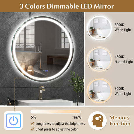 Espejo de baño de pared antivaho de 32 pulgadas con luces LED de 3 colores