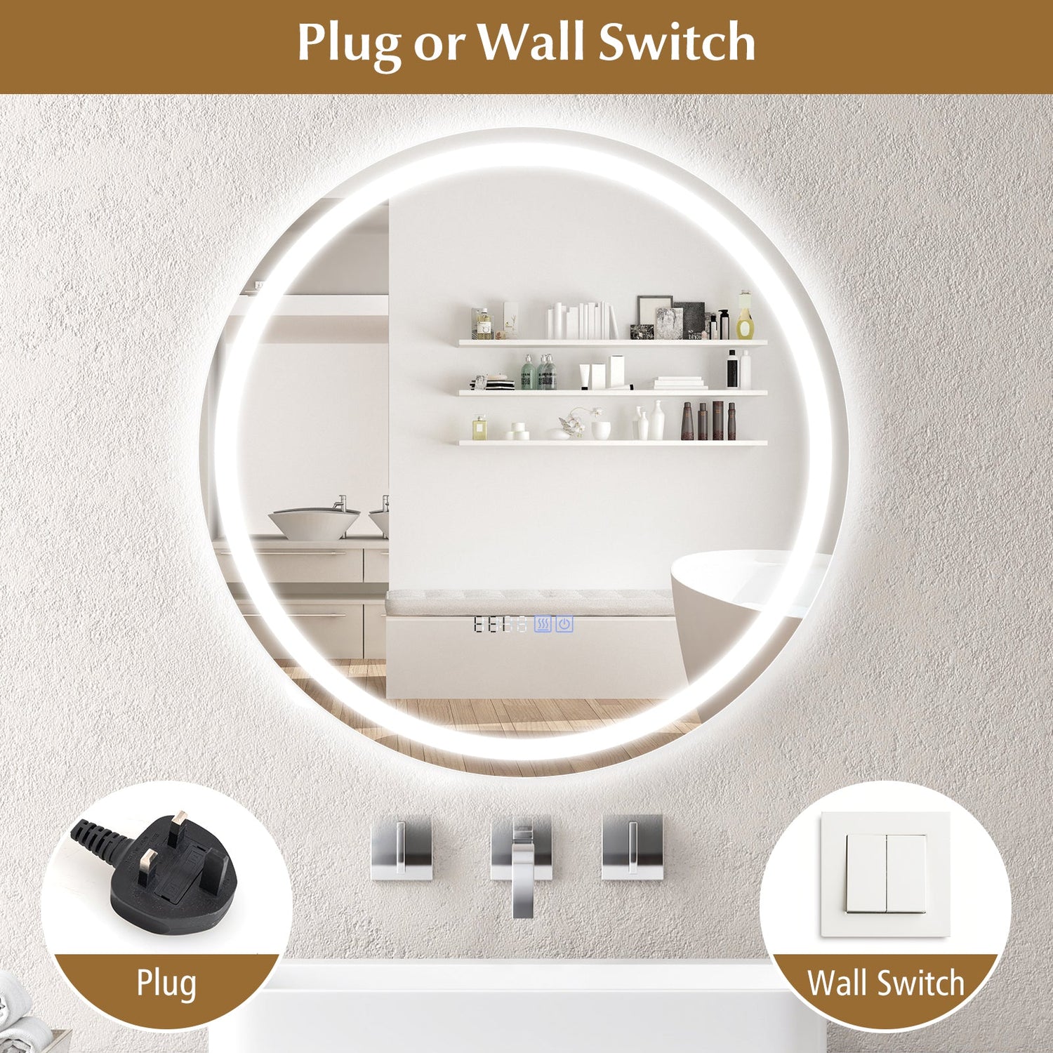 Espejo de Baño Antiempañamiento de 24 Pulgadas con Luces LED de 3 Colores y Pantalla de Temperatura